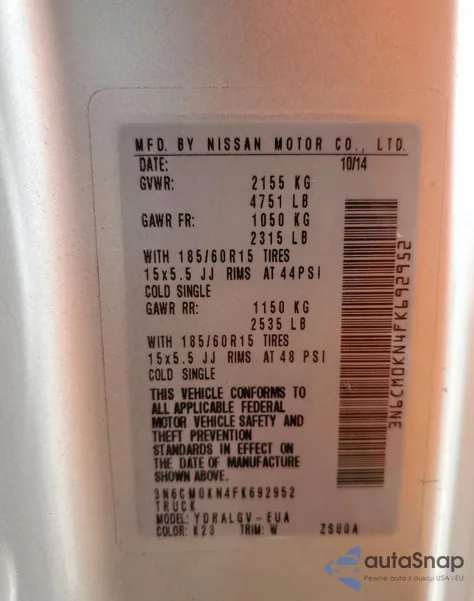 2015 Nissan Nv200 2.5S z USA, uszkodzony, nr VIN 3N6CM0KN4FK692952